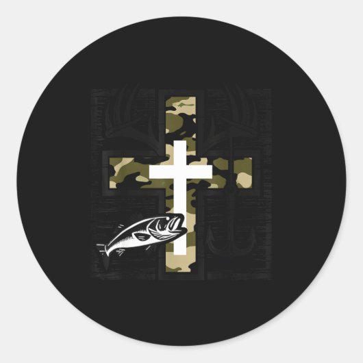 Sticker Rond Faith Fishing Hunting Camo Cross With Hook B Chris (Devant)