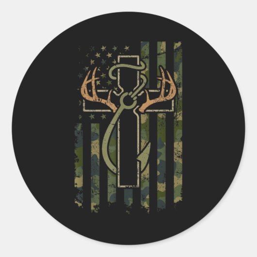 Sticker Rond Faith Fishing Hunting Camo Us Flag Cross With Hook (Devant)