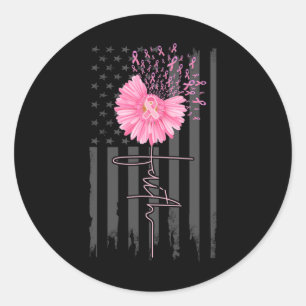 Sticker Rond Faith Pink Ribbon Daisy Flower American Flag Breas