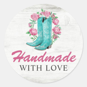 Sticker Rond Faits à la main avec amour Bottes et roses de cowg
