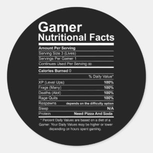 Sticker Rond Faits nutritionnels Cool Jeu vidéo Joueur amusant