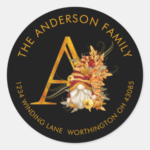 Sticker Rond Fall Season Gnome Monogram Letter A Address Label