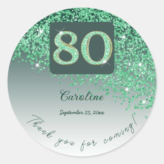 Sticker Rond Falling Green Parties scintillant, 80e anniversair (Devant)
