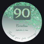 Sticker Rond Falling Green Parties scintillant, 90th Birthday M<br><div class="desc">Envoyez un remerciement glamour à vos amis avec cette parties scintillant verte moderne et chic tombant sur le côté sur un arrière - plan dégradé vert.</div>