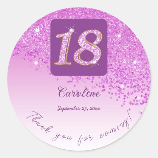 Sticker Rond Falling Pink Parties scintillant, 18e anniversaire (Devant)