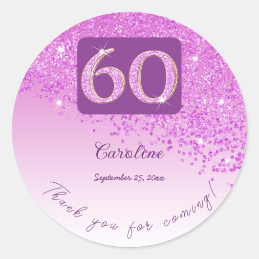 Sticker Rond Falling Pink Parties scintillant, 60e anniversaire (Devant)