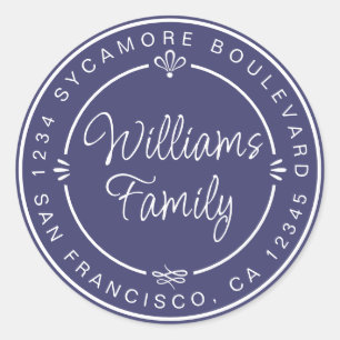 Sticker Rond Famille Chic Monogramme Adresse de Retour Bleu Mar