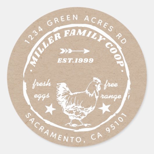 Sticker Rond famille coop hen oeufs frais retour adresse (Devant)