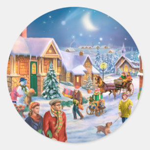 Sticker Rond Famille dans le village de noël enneigé