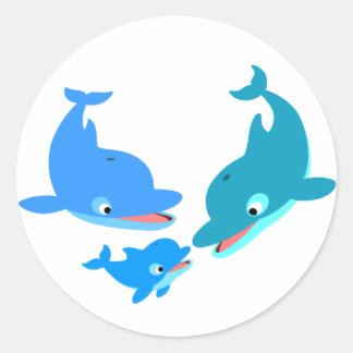 Sticker Rond Famille de dauphins de caricature mignonne