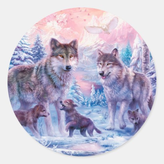 Sticker Rond Famille De Loups Peinture (Devant)