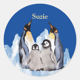 Sticker Rond Famille de pingouins de charme avec nom sur Rich B