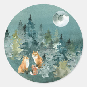 Sticker Rond Famille de renards en forêt sous la pleine lune