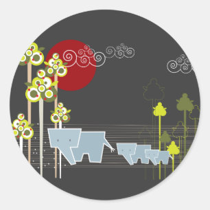 Sticker Rond Famille D'Éléphants Whimsical Dans La Forêt Et Le 