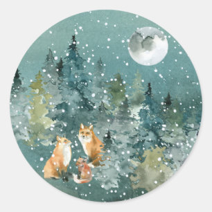 Sticker Rond Famille Fox en forêt Pleine lune neige