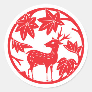 Sticker Rond Famille japonaise Crest-érable japonais et cerf