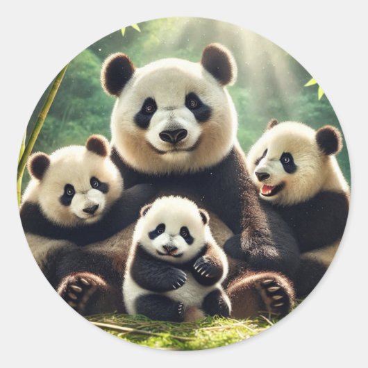 Sticker Rond "Famille Serene Panda dans l'autocollant forestier (Devant)
