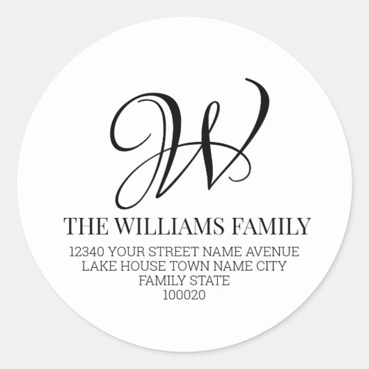 Sticker Rond Family Monogramme Script Black White Adresse de re (Devant)