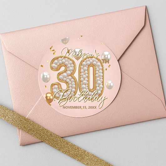 Sticker Rond Fancy Chic Rose Pâle Doré Perlé 30e Anniversaire