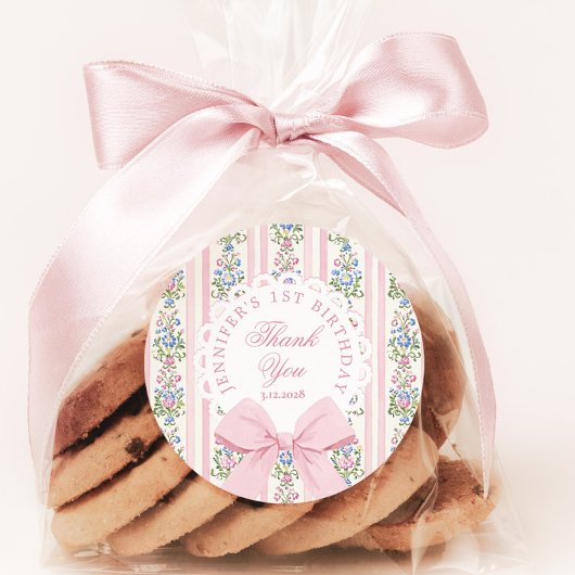 Sticker Rond Fancy One Blush pink Bow birthday Thank you