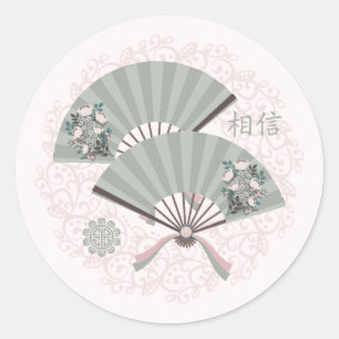 Sticker Rond Fans vert floral asiatique "Croyez" art numérique
