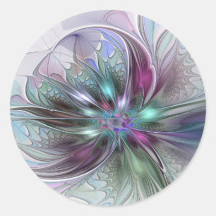 Sticker Rond Fantaisie Abstraite Moderne Fleur Fractale Colorée
