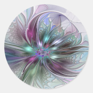 Sticker Rond Fantaisie Abstraite Moderne Fleur Fractale Colorée
