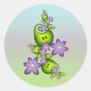 Sticker Rond Fantaisie florale fleurs lilas formes vertes fract
