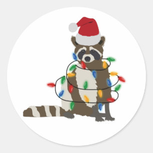 Sticker Rond Fantaisie Noël Raccoon Santa Hat Noël Lumières