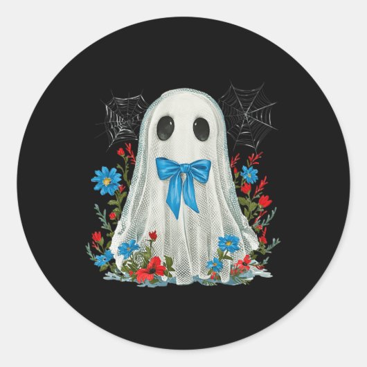 Sticker Rond Fantôme Avec Coquette Bow Bleu Et Fleurs Halloween (Devant)