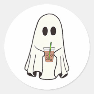 Sticker Rond Fantôme Boire Café Drôle Costume Halloween Coff