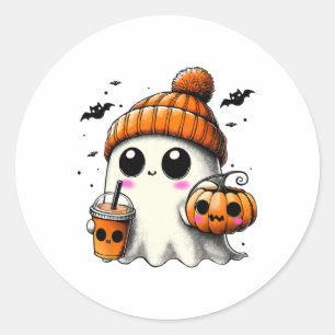Sticker Rond Fantôme Boire Café Drôle Costume Halloween Coff