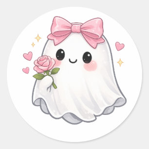Sticker Rond Fantôme Coquette Mignon avec Nœud Rose, Rose Hallo