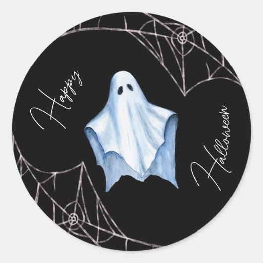 Sticker Rond Fantôme de drap blanc et toiles d'araignée Hallowe (Devant)