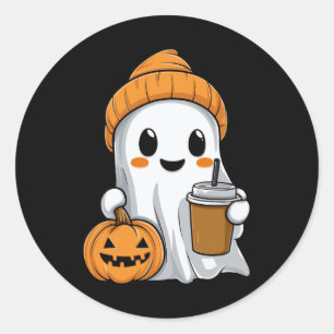 Sticker Rond Fantôme D'Halloween Avec Drôle Citrouille De Café