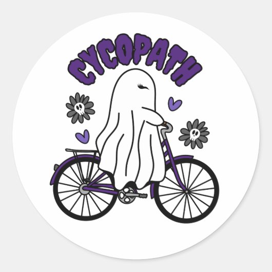 Sticker Rond Fantôme d'Halloween Cycopath sur un vélo violet (Devant)