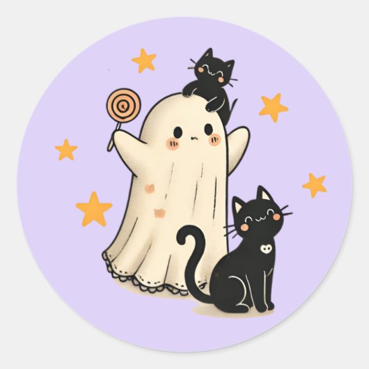 Sticker Rond Fantôme d'Halloween et chats noirs mignons (Devant)