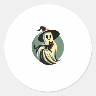 Sticker Rond Fantôme Drôle Tenant Un Chat Noir Lazy Halloween S