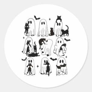 Sticker Rond Fantôme Drôle Tenant Un Chat Noir Lazy Halloween S