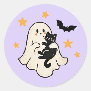 Sticker Rond Fantôme Flottant Mignon d'Halloween avec Chat Noir