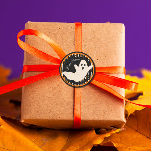 Sticker Rond Fantôme Halloween Orange & Noir Rayure Vintage