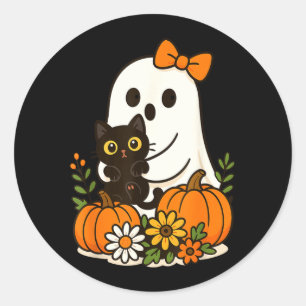 Sticker Rond Fantôme mignon tenant un chat noir floral groovy