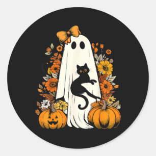 Sticker Rond Fantôme rétro d'Halloween tenant une fleur de chat