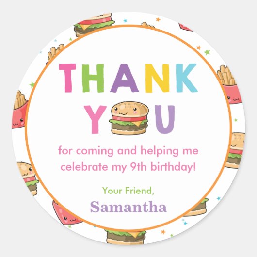 Sticker Rond Fast Food Burger Anniversaire Merci Fête Favoriser (Devant)