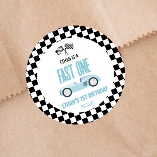 Sticker Rond Fast One Blue Race Car 1ère fête d'anniversaire