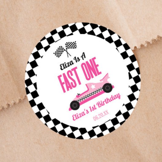Sticker Rond Fast One Pink Race Car Premier Anniversaire