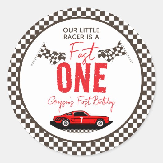 Sticker Rond Fast One Race Car Boy 1ère fête d'anniversaire (Devant)