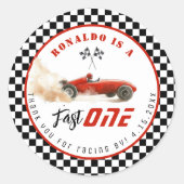 Sticker Rond Fast One Red race car Boy Birthday Merci (Devant)