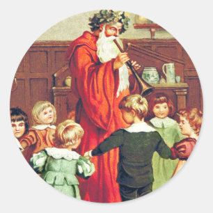 Sticker Rond Father Christmas Blowing The Horn