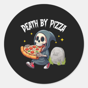 Sticker Rond Faucheuse effrayante mangeant une pizza mort par l
